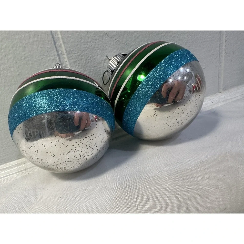 Vintage Radko Shiny Brite Green Striped Ball Glitter Ornament set Xmas‎ Tree (2)